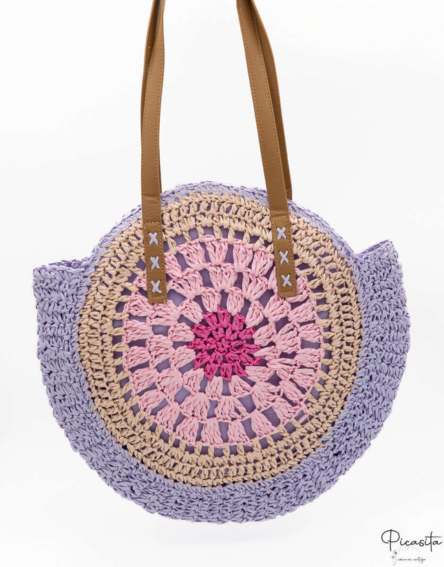 Bolso de Playa de Paja Redondo Violeta