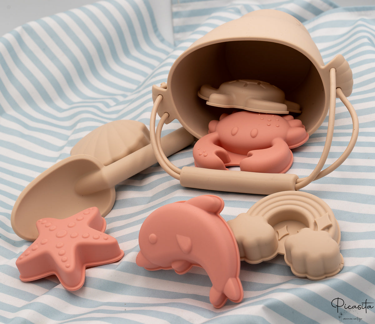 Kit de Playa de Cubos y Animales de silicona personalizados Arena Rosada