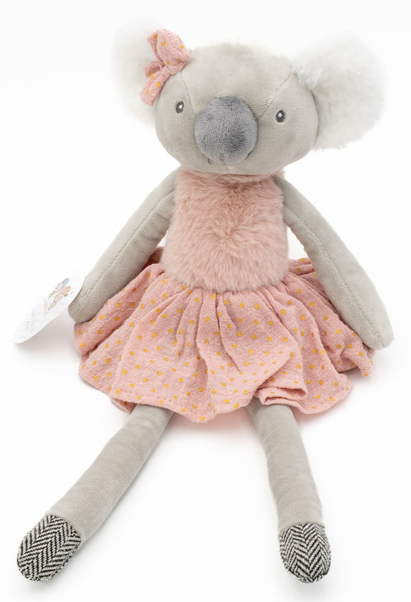 Trapuzko Ama Koala panpina grisa, belarri zuriak, bular arrosa, puntudun soinekoa eta lazoa.