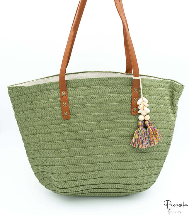 Bolso de Playa con Cremallera Verde Conchas