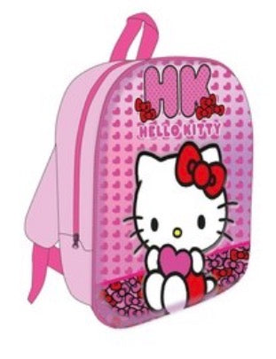 Mochila escolar rosa de Hello Kitty con estampado de corazones, tirantes acolchados y asa superior para niñas.