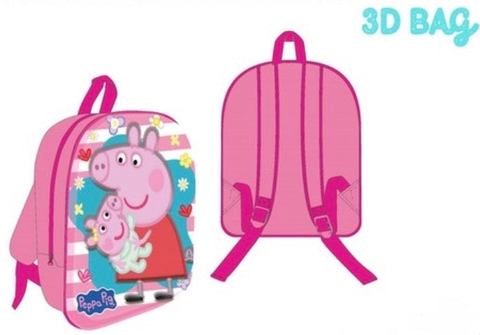 Mochila rosa de Peppa Pig con relieve 3D frontal y vista trasera con tirantes acolchados regulables.