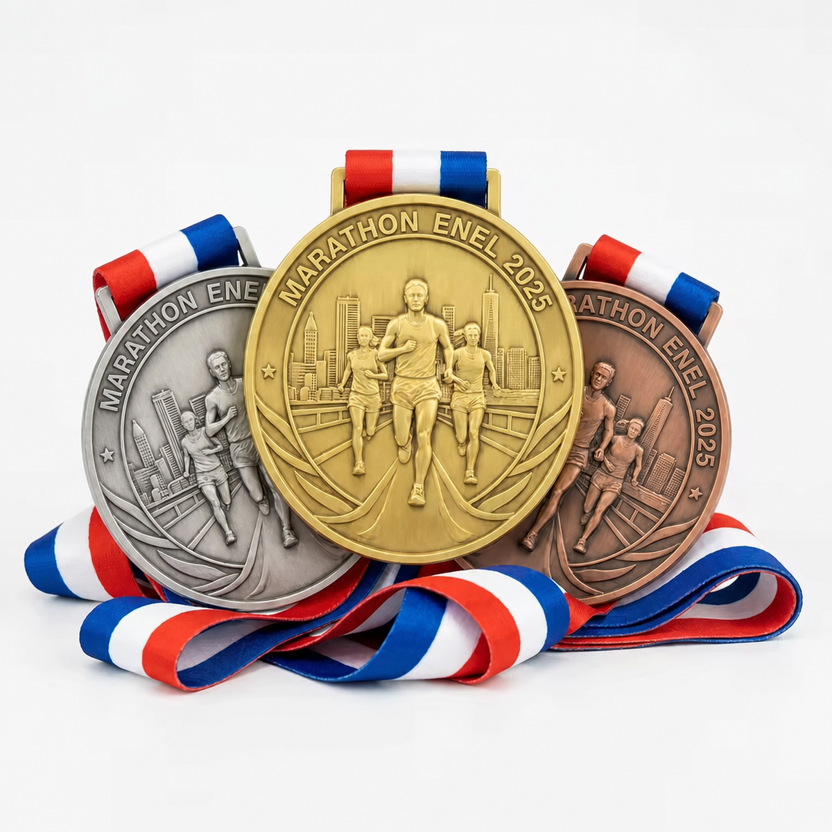 Medallas premium en acabados oro plata y bronce con relieve tridimensional