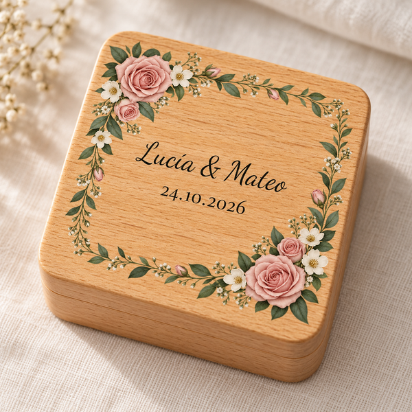 Caja de anillos cuadrada de haya, personalizada en color, con el texto «Lucía & Mateo» y la fecha 24.10.2026.