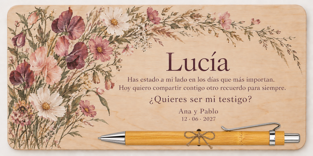 Placa de contrachapado impresa a color con flores silvestres, el nombre Lucía y bolígrafo de bambú
