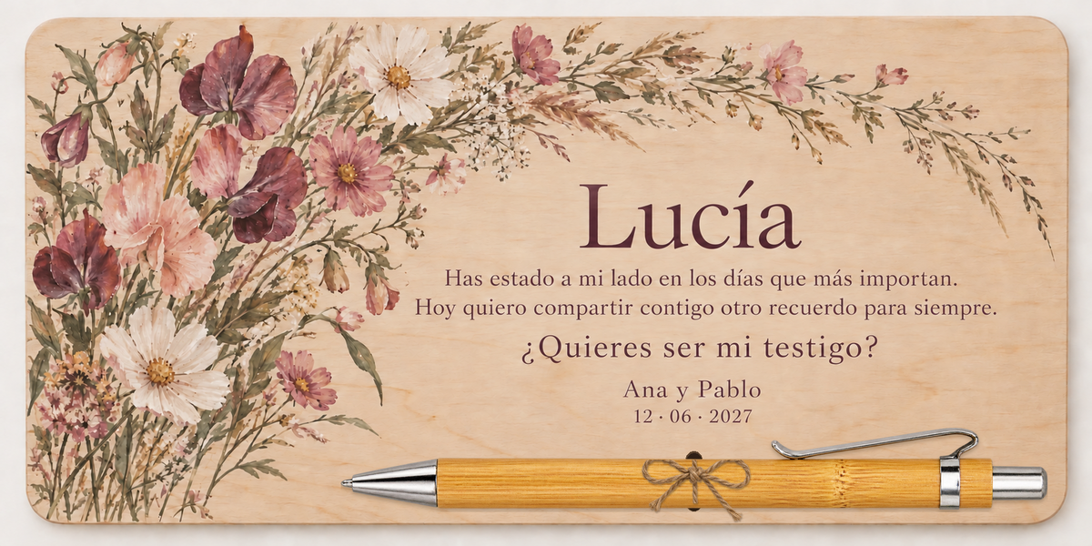 Jardín silvestre: invitación para una amiga especial con bolígrafo de bambú. Simulación del producto.