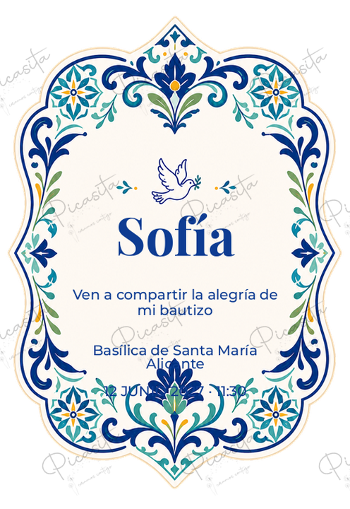 Invitación de Bautizo Azulejo celeste · Sofía