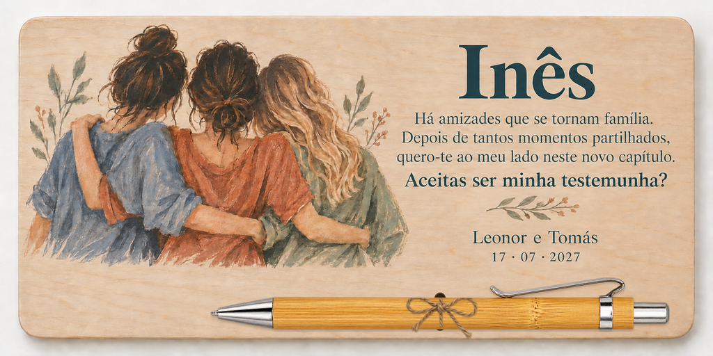Placa impresa a color con tres amigas abrazadas, el nombre Inês y bolígrafo de bambú