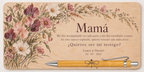 Placa impresa a color con flores silvestres, el texto Mamá y bolígrafo de bambú