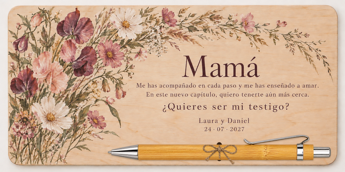 Jardín silvestre: invitación para una madre con bolígrafo de bambú. Simulación del producto.