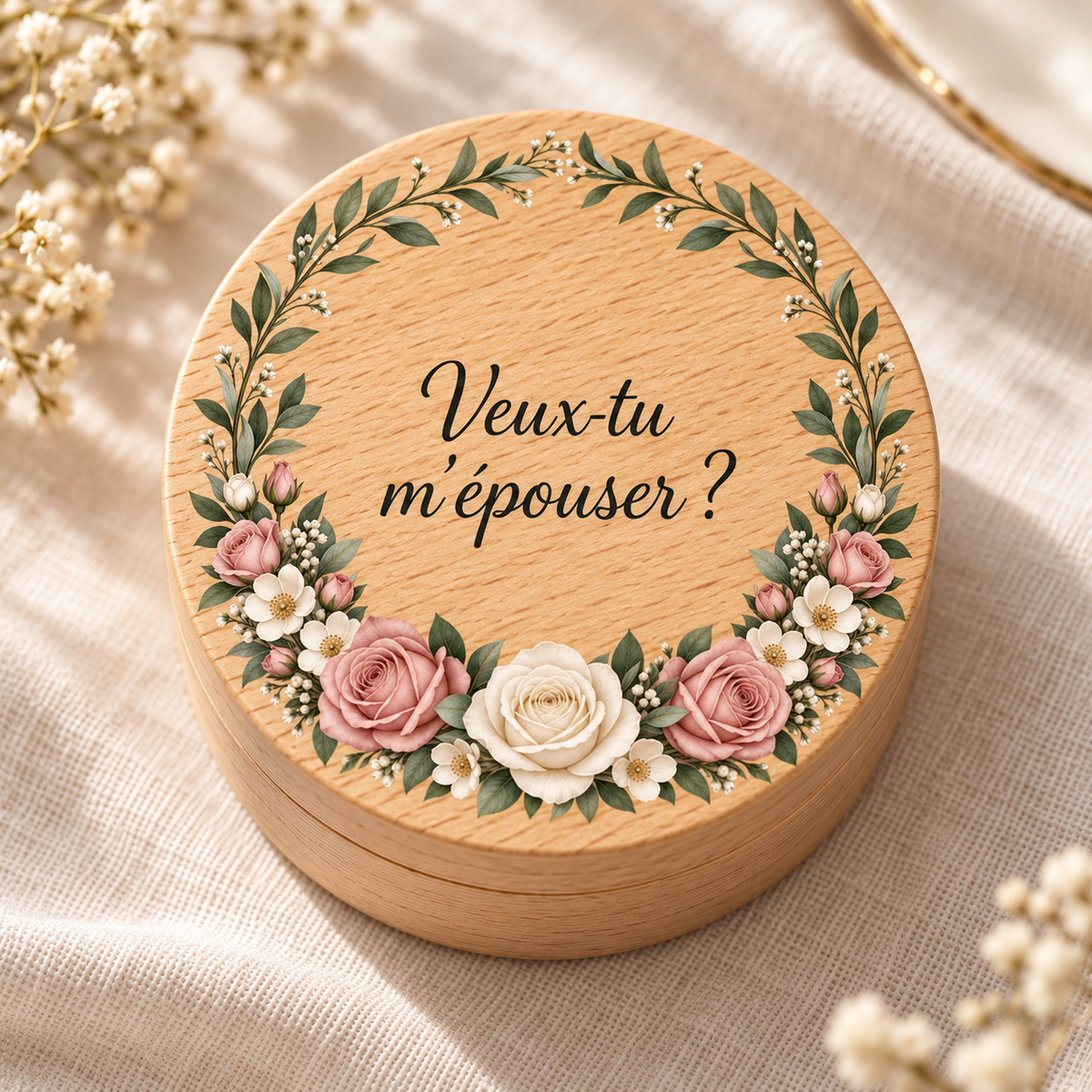 Caja de anillos redonda de haya, personalizada en color, con el texto «Veux-tu m’épouser ?».