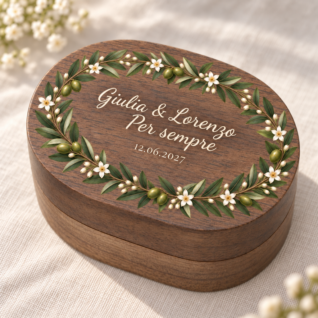Caja de anillos ovalada de nogal, personalizada en color, con el texto «Giulia & Lorenzo, Per sempre» y la fecha 12.06.2027.