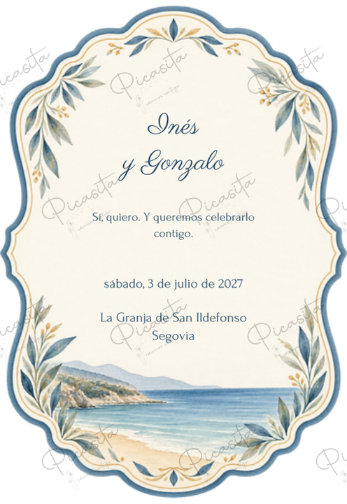 Invitación de boda personalizada diseño Costa azul empolvado