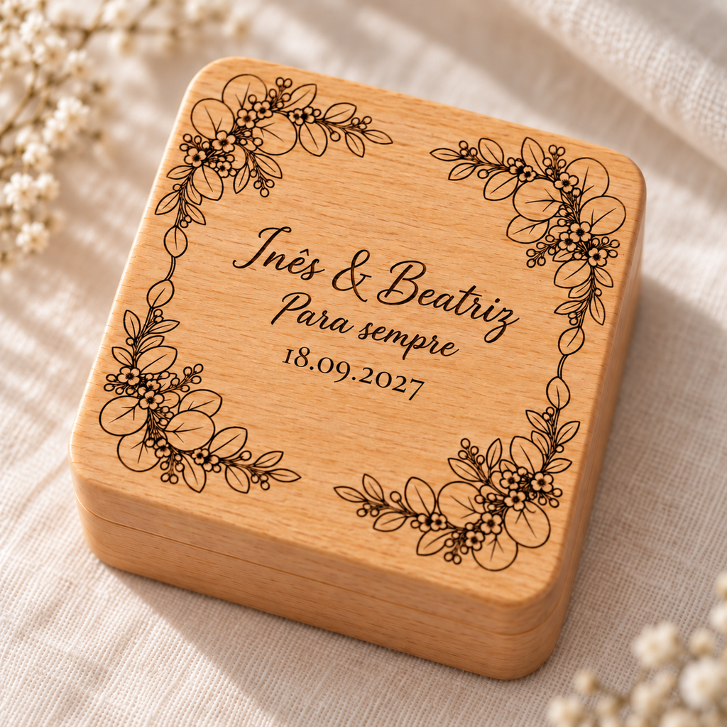 Caja de anillos cuadrada de haya, grabada con láser, con el texto «Inês & Beatriz · Para sempre» y la fecha 18.09.2027.