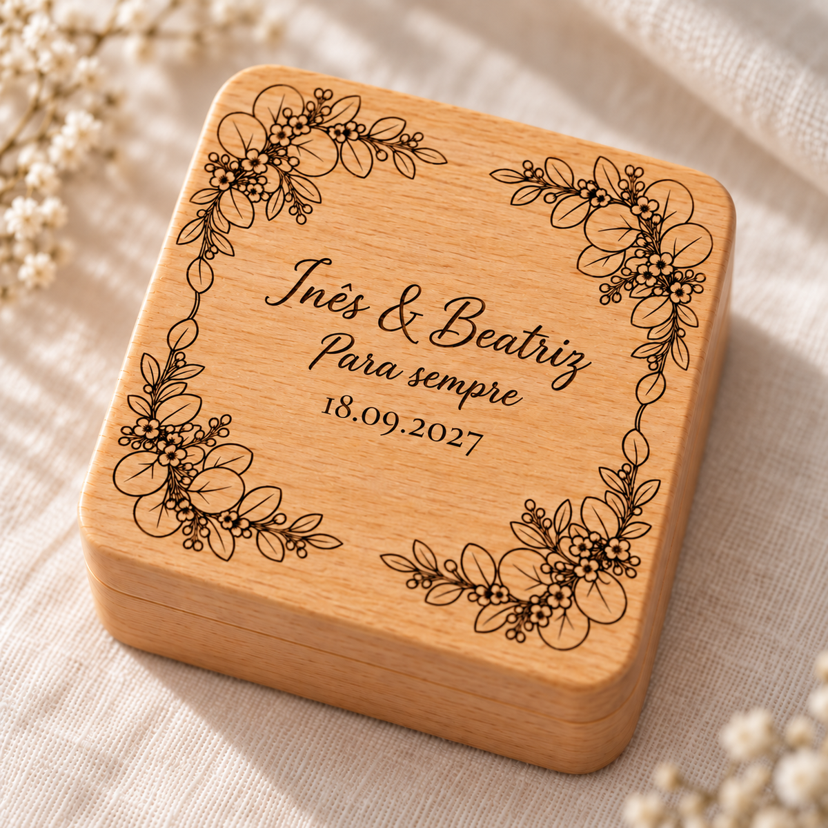 Caja de anillos cuadrada de haya, grabada con láser, con el texto «Inês & Beatriz · Para sempre» y la fecha 18.09.2027.