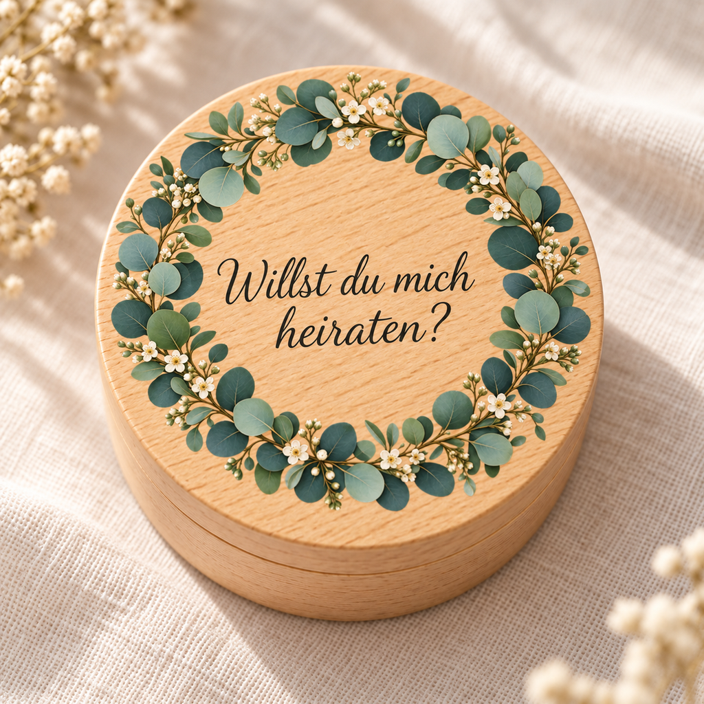Caja de anillos redonda de haya, personalizada en color, con el texto «Willst du mich heiraten?».