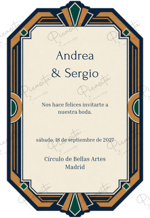 Invitación de boda personalizada diseño Decó azul tinta
