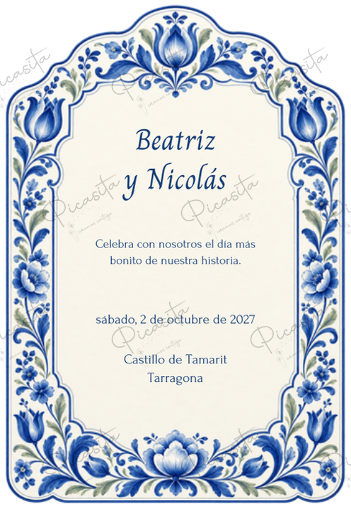 Invitación de boda personalizada diseño Delft botánico