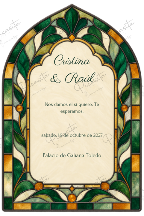 Invitación de boda personalizada diseño Vitral esmeralda