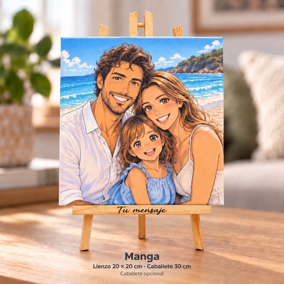 Manga: simulación de lienzo 20 × 20 cm con caballete opcional de 30 cm y Tu mensaje en el travesaño. Misma foto de ejemplo.