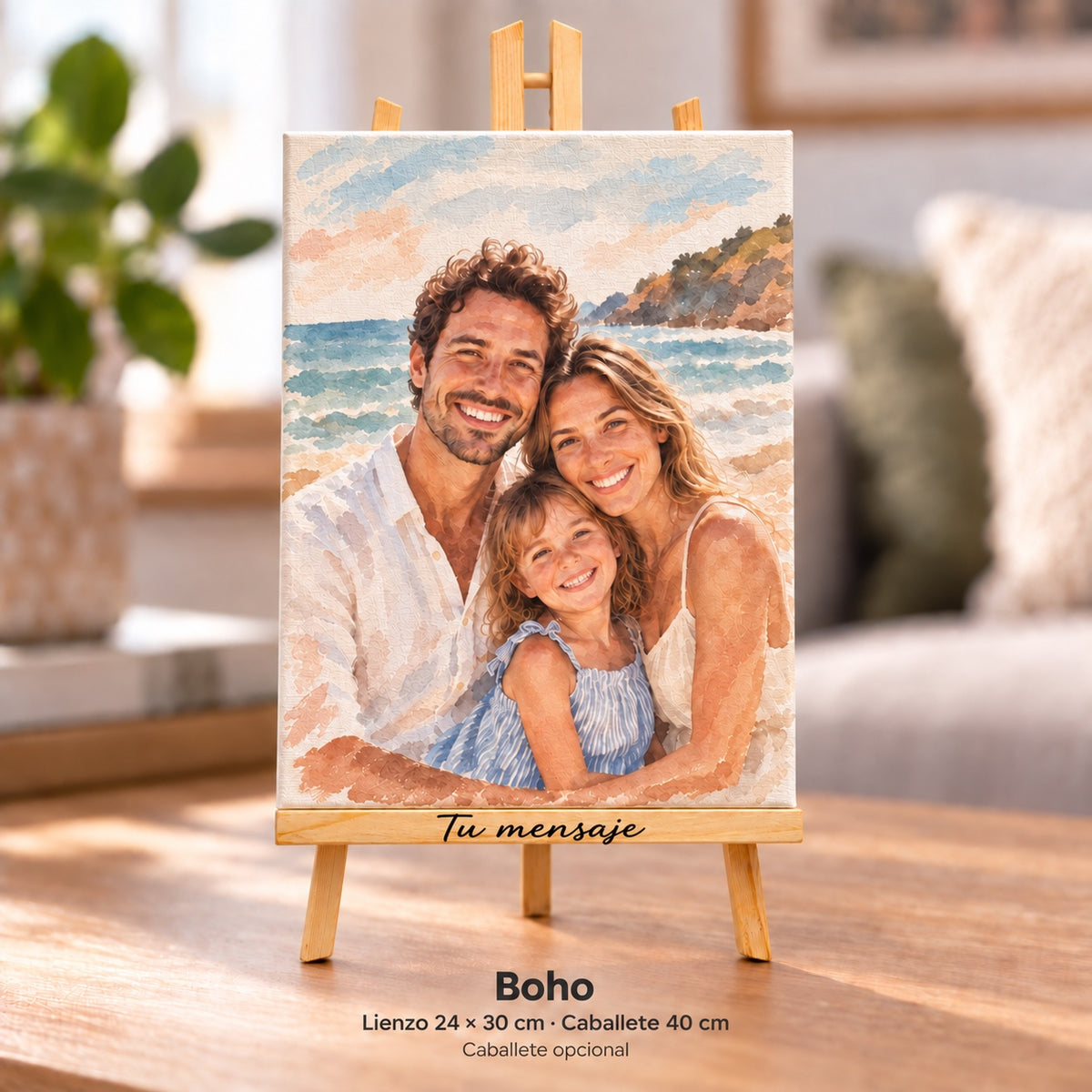 Boho: simulación de lienzo 24 × 30 cm con caballete opcional de 40 cm y Tu mensaje en el travesaño. Misma foto de ejemplo.