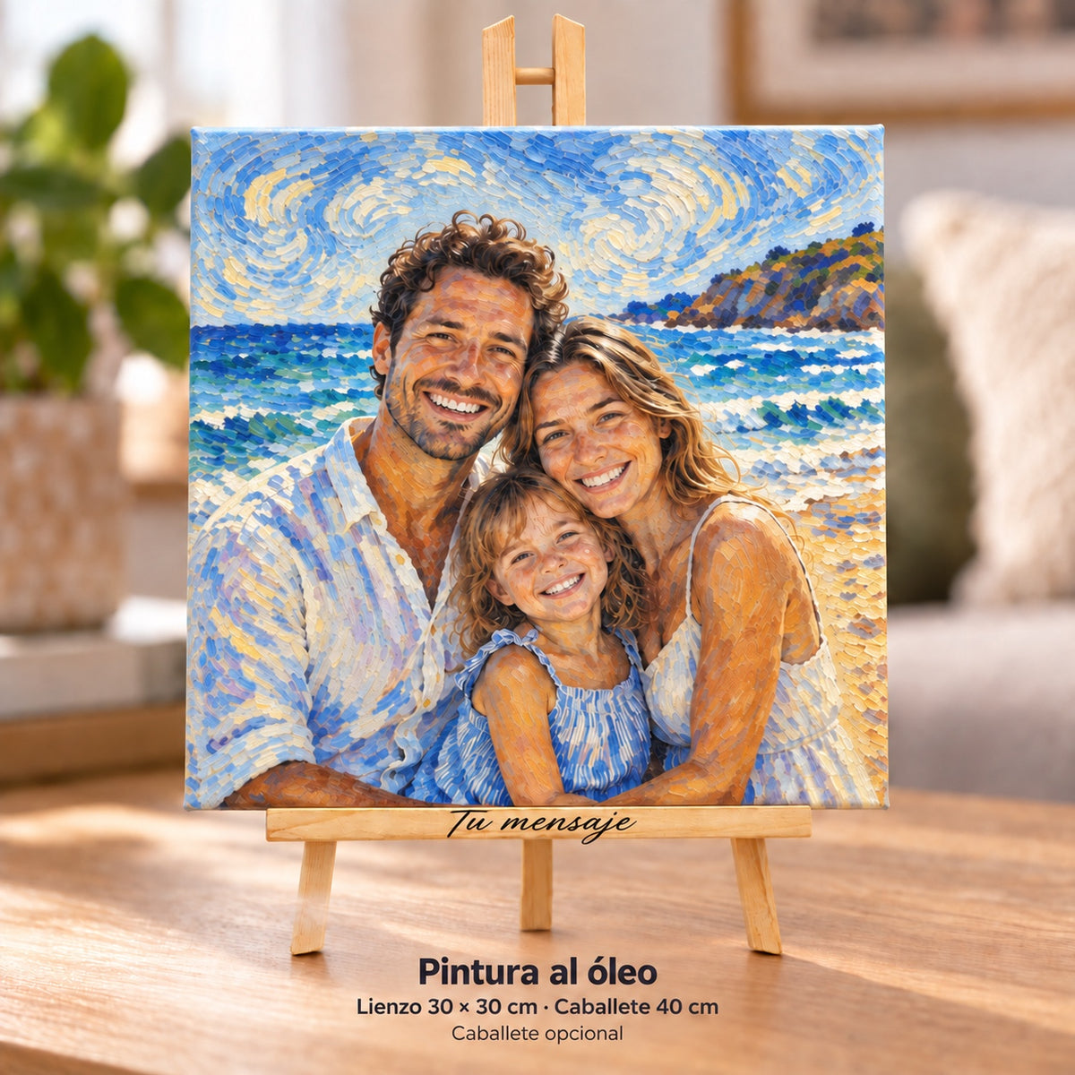 Pintura al óleo: simulación de lienzo 30 × 30 cm con caballete opcional de 40 cm y Tu mensaje en el travesaño. Misma foto de ejemplo.