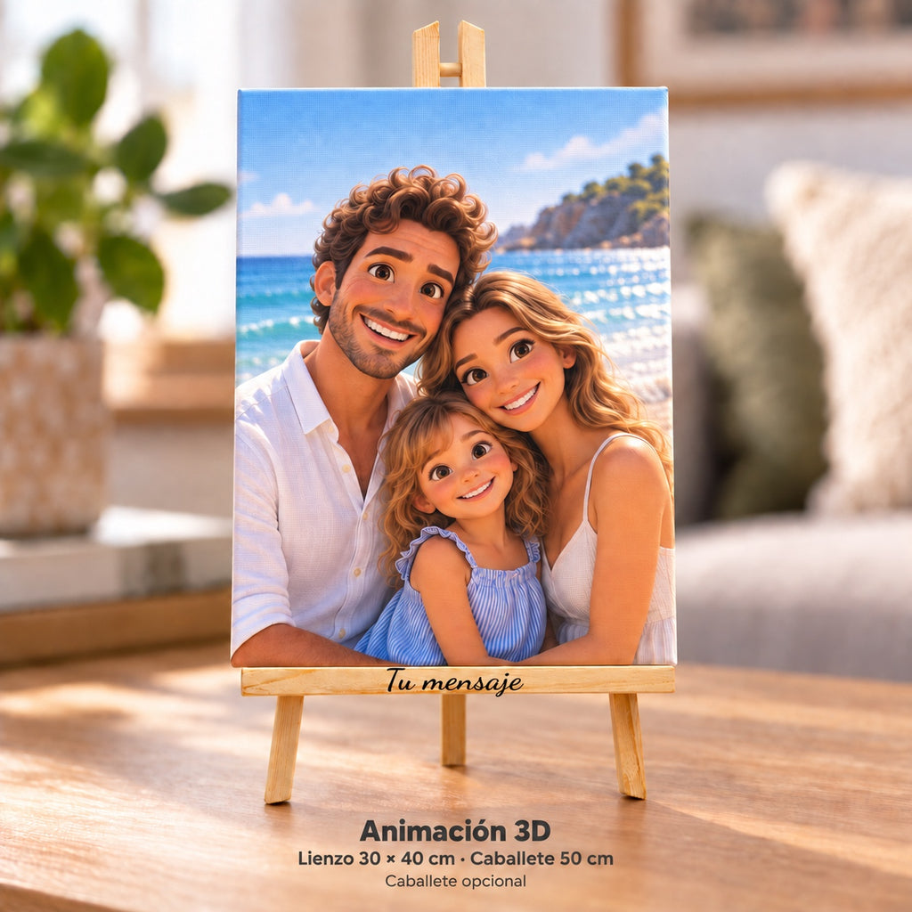 Foto familiar en estil animació 3D impresa en tela de 30 × 40 cm sobre un cavallet de 50 cm