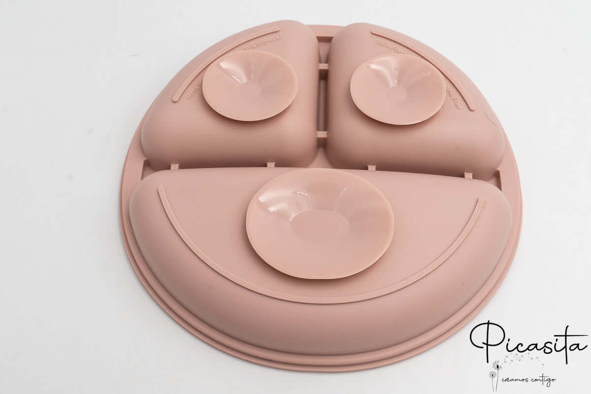 Parte inferior de plato rosa con sistema de ventosas para fijación en mesa.