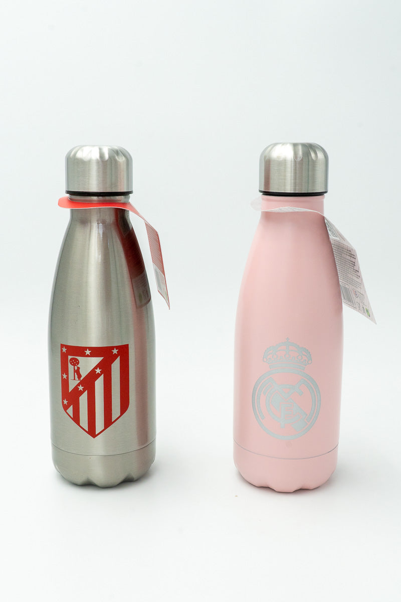 Botellas térmicas del Atlético de Madrid y del Real Madrid con sus escudos