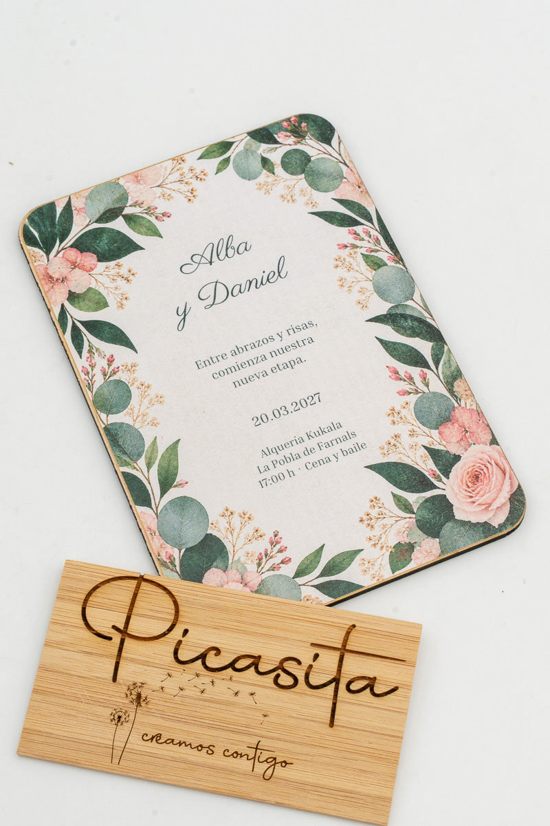 Invitación de boda personalizada en madera contrachapada, diseño 3