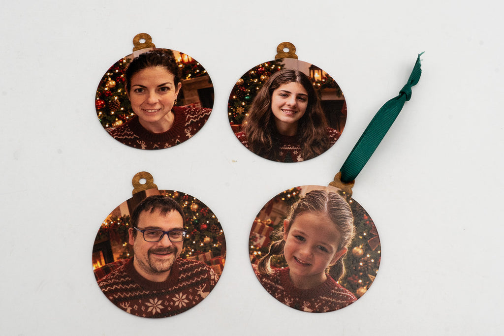 Quatre adorns circulars amb retrats i jerseis nadalencs.