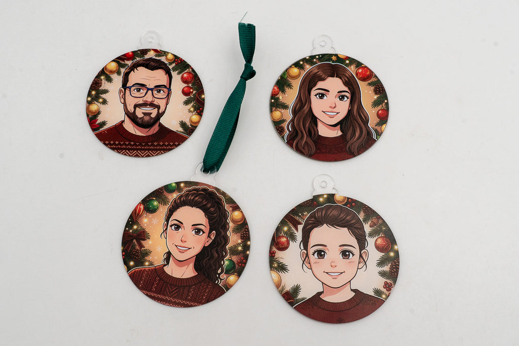 Quatre adorns transparents amb retrats d’estil manga i decoració nadalenca.