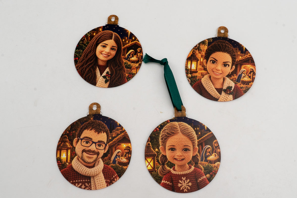 Quatre adorns plans amb retrats d’estil ganxet i escenes de pessebre.