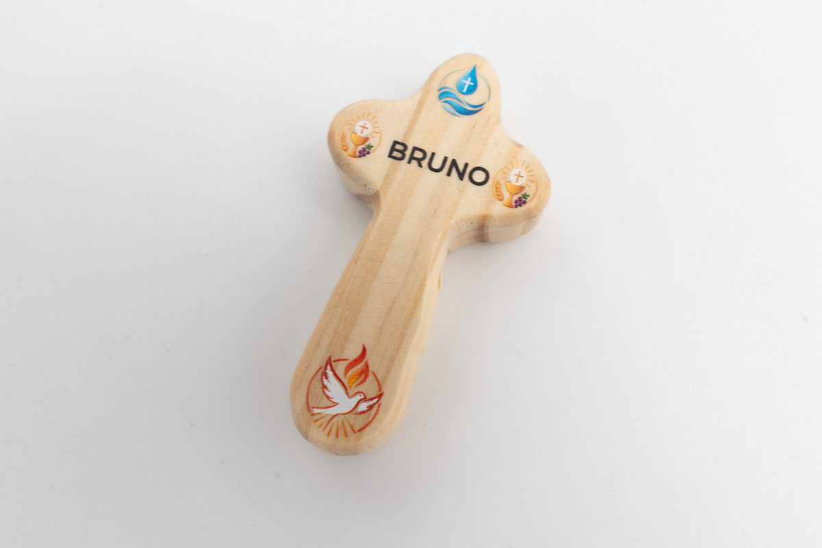 Cruz de Bolsillo de madera con nombre y motivos de comunión impresos a color