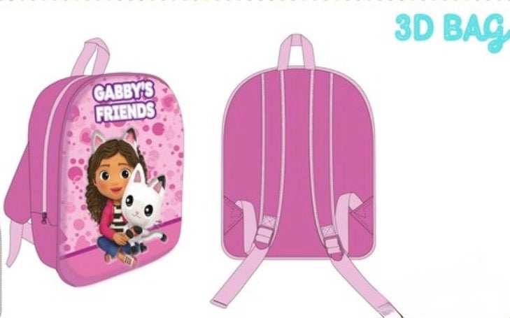 Mochila infantil rosa con relieve 3D de Gabby y Pandy Paws y vista trasera de tirantes acolchados.