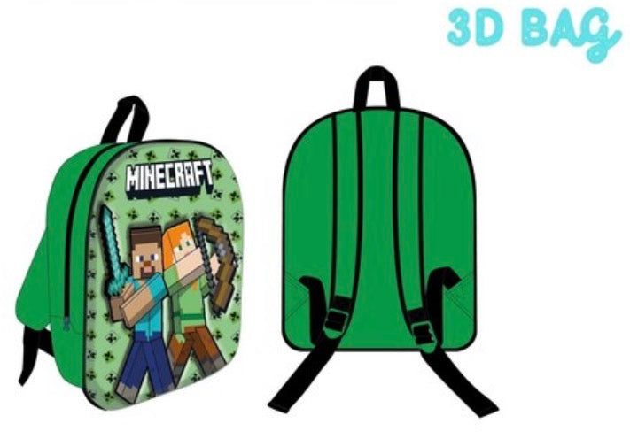 Mochila escolar verde de Minecraft con relieve 3D de Steve y Alex y vista posterior con tirantes negros.