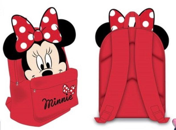 Mochila escolar roja de Minnie Mouse con orejas negras y lazo de lunares en 3D, vista frontal y trasera.