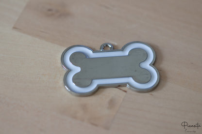 Placa Identificativa para Perro Acero con borde blanco (Nombre + Teléfono)