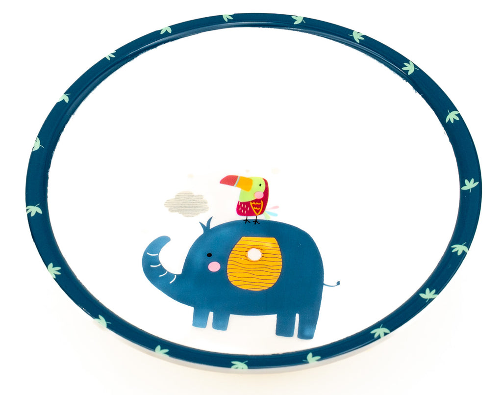 Cuenco azul de polipropileno con ilustración de elefante azul y tucán en el borde.