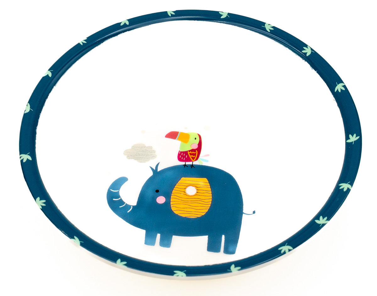 Cuenco azul de polipropileno con ilustración de elefante azul y tucán en el borde.