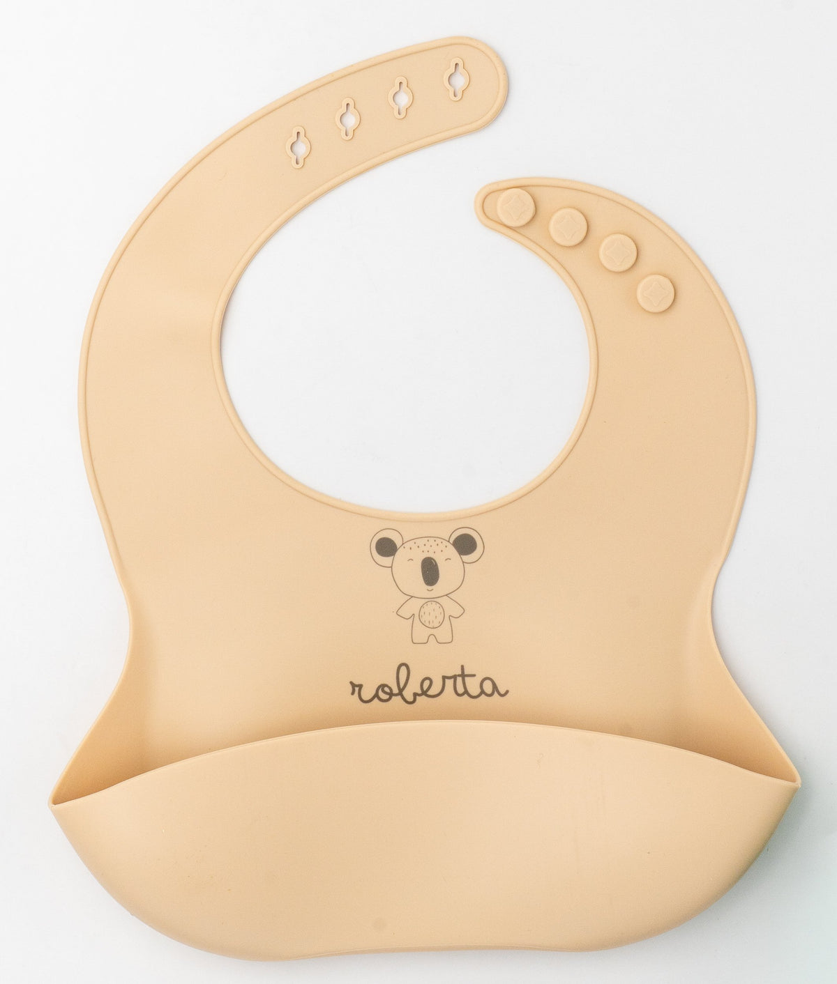 Babeiro de silicona de cor pexego claro co nome Roberta e un koala gravados