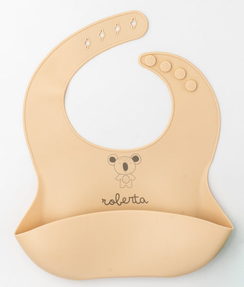 Silikonazko listua, melokotoi kolore argia, Roberta izena eta koala bat grabatuta dituena