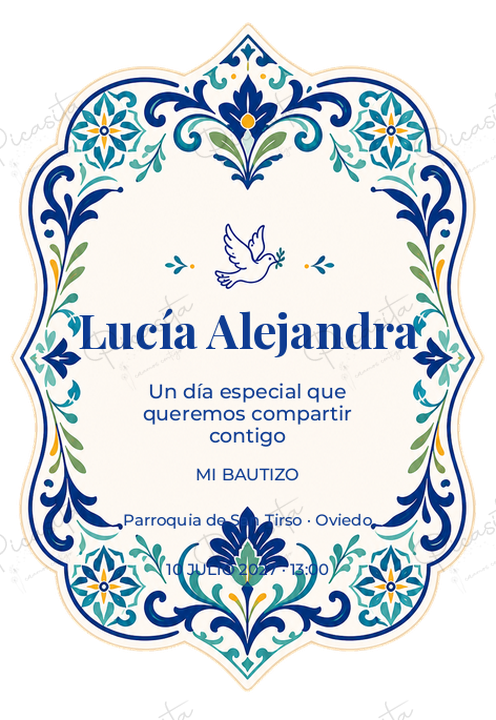 Invitación de Bautizo Azulejo celeste · Lucía Alejandra