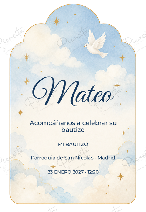 Invitación de Bautizo Cielo de algodón · Mateo