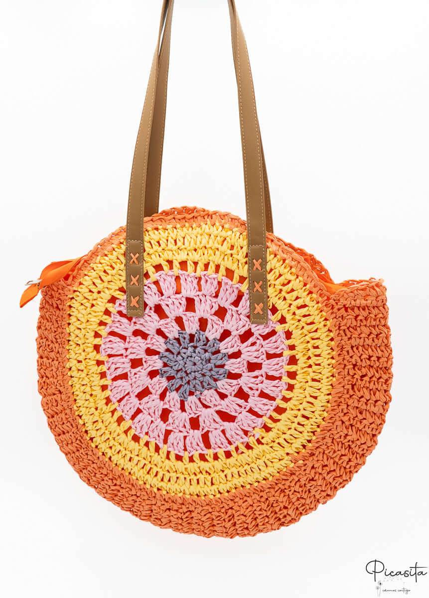 Bolso de Playa de Paja Redondo Naranja