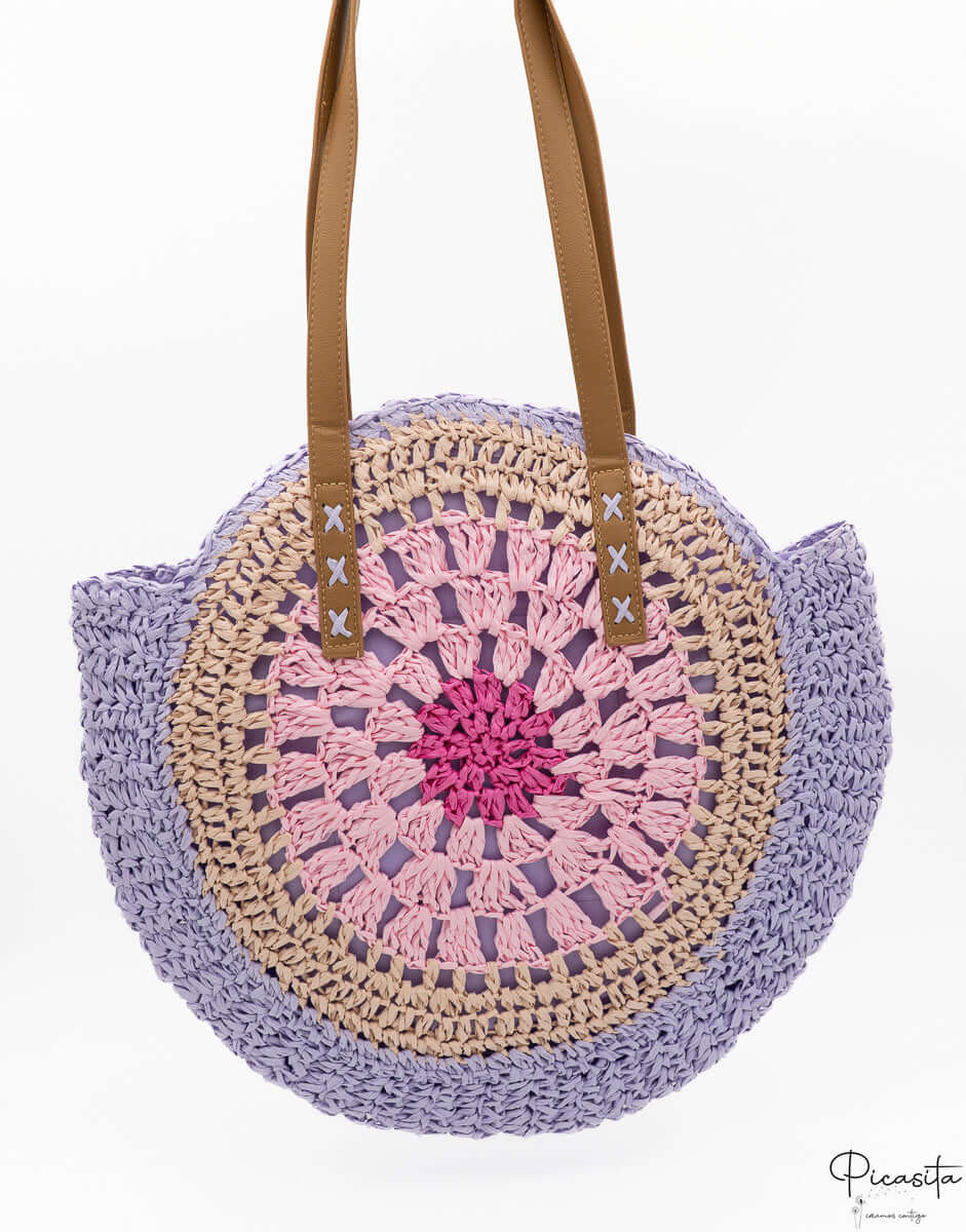 Bolso de Playa de Paja Redondo Violeta