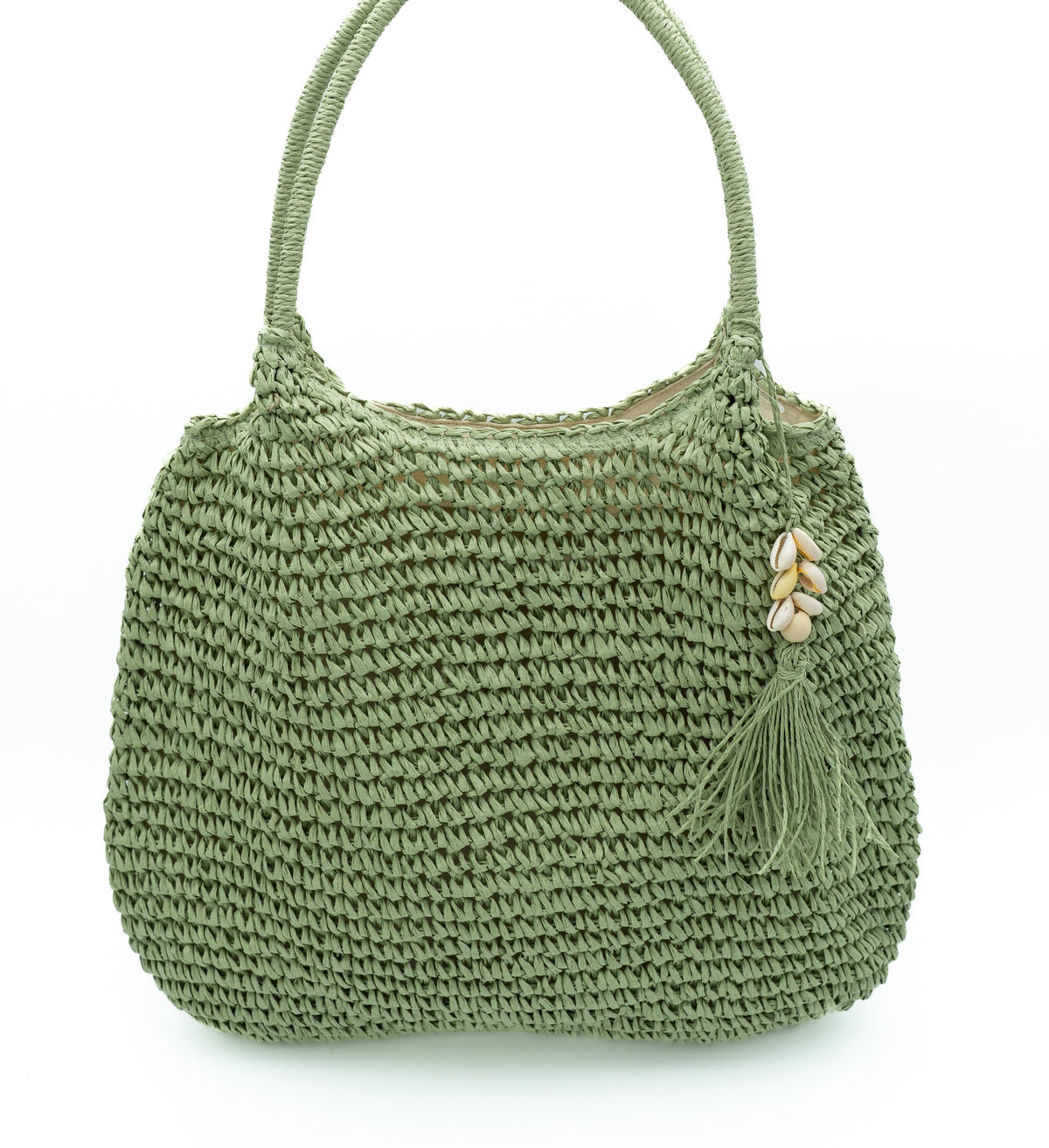 Bolso de praia verde con cremalleira e flocos