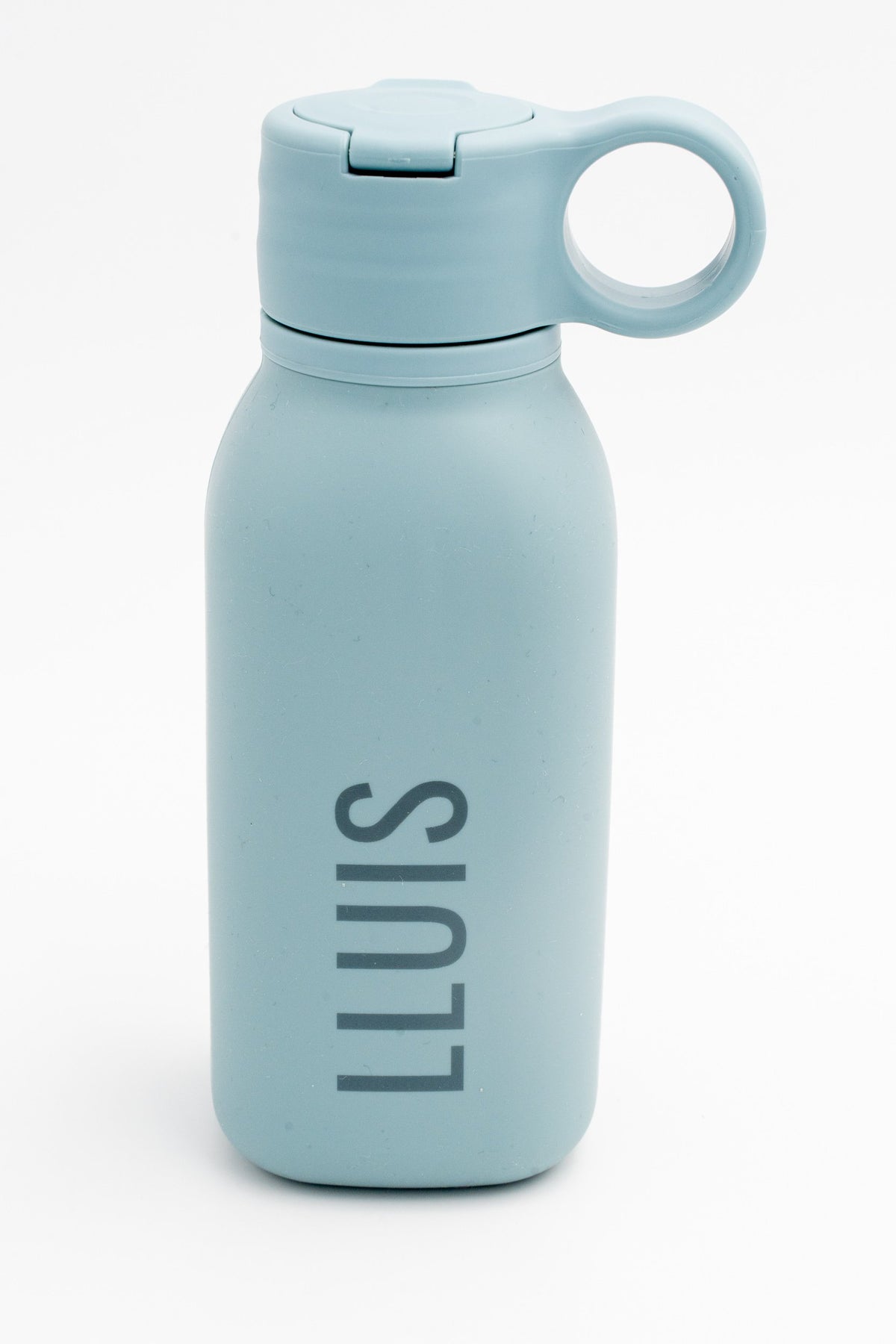 Botella de silicona azul gris de 450 ml con asa circular