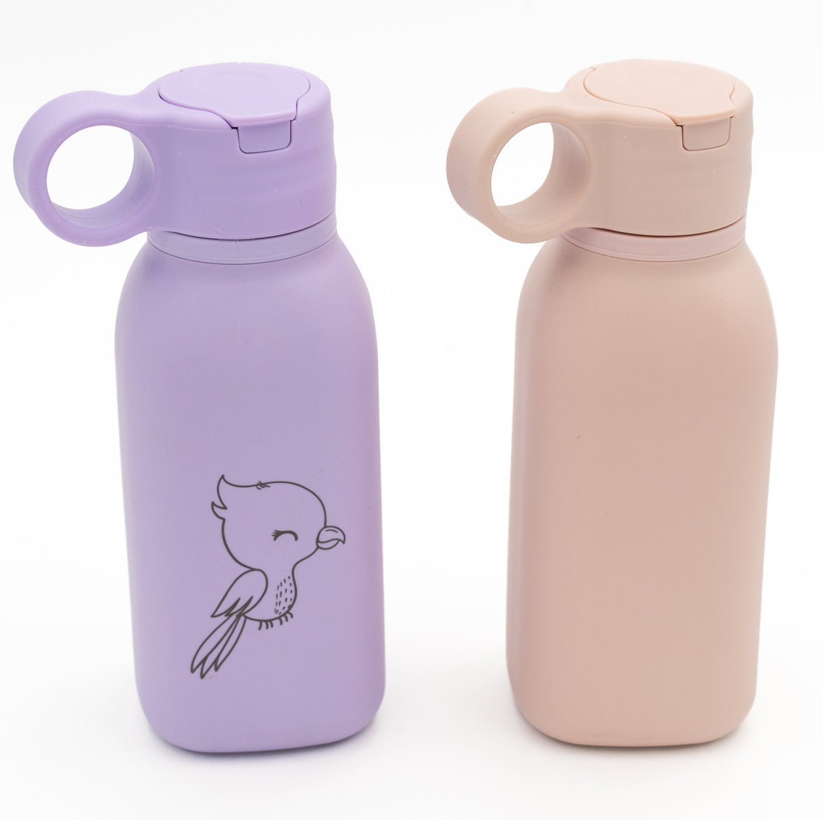 Reverso de dúas botellas lila e rosa con debuxos gravados