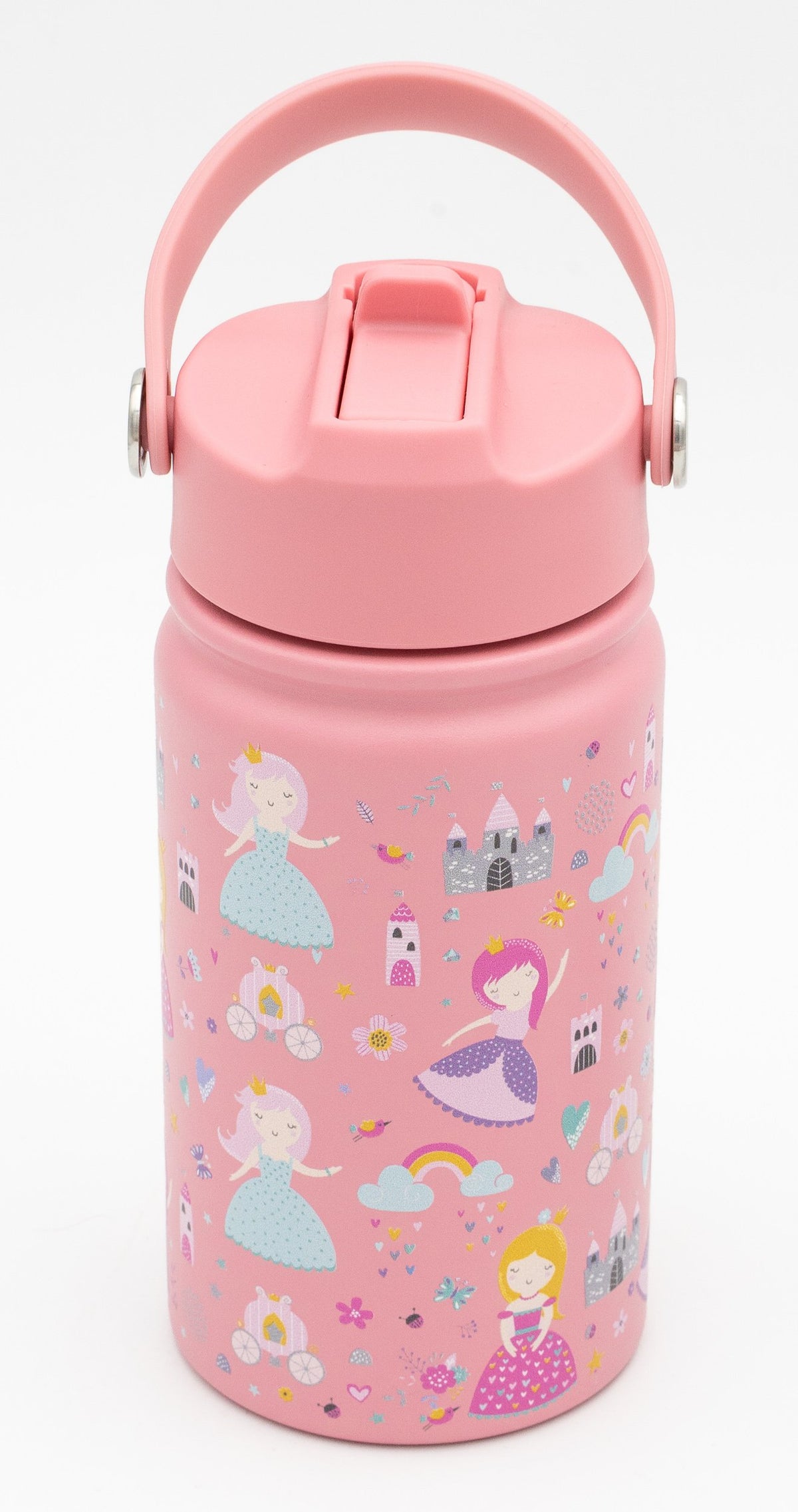 Botella térmica rosa con debuxos de princesas e castelos